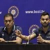 Indian cricket team captain Virat Kohli and coach Ravi Shastri address a pre-tour press conference in Mumbai. Photo: PTI