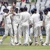 The Indian team celebrate the wicket of South African batsman Keshav Maharaj on the fourth day of the first test between South Africa and India at Newlands Stadium, in Cape Town. Photo: AP | PTI