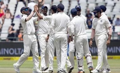 1st Test: India loses top 3 in pursuit of 208 target against South Africa The Indian team celebrate the wicket of South African batsman Keshav Maharaj on the fourth day of the first test between South Africa and India at Newlands Stadium, in Cape Town. Photo: AP | PTI