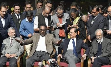 Press conference by 4 SC judges could have been avoided: Attorney General Supreme Court judge Justice Chelameswar along Justice Ranjan Gogoi, Madan Lokur and Kurian Joseph during a press conference in New Delhi on Friday. Photo: PTI
