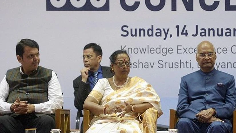President Ram Nath Kovind along with his wife Savita and CM Devendra Fadnavis during the inauguration of Economic Democracy conclave in Thane, Mumbai on Sunday. Photo: PTI President Ram Nath Kovind along with his wife Savita and CM Devendra Fadnavis during the inauguration of Economic Democracy conclave in Thane, Mumbai on Sunday. Photo: PTI