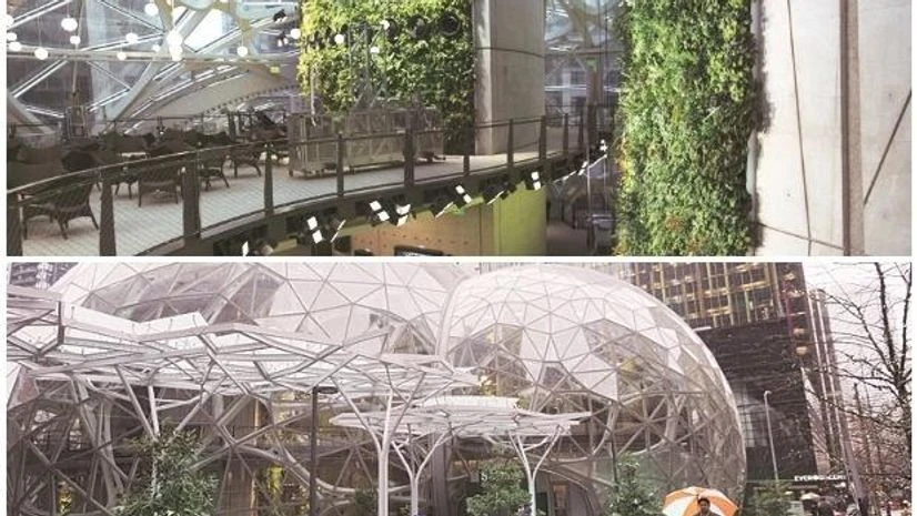 Amazon The space needle can be seen from the site of the Amazon spheres; finishing touches are made inside the Amazon spheres in downtown Seattle. The giant orbs open. (Photo: Bloomberg)