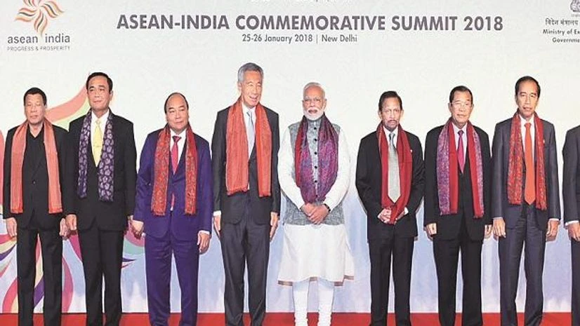 Prime Minister Narendra Modi (centre) with the heads of state of 10 countries of Asean Prime Minister Narendra Modi (centre) with the heads of state of 10 countries of Asean