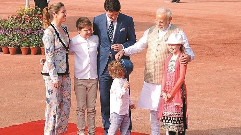 Prime Minister Narendra Modi with Canadian PM Justin Trudeau, First Lady Sophie Gregoire Trudeau, daughter Ella-Grace Margaret and sons Xavier James and Hadrien at Rashtrapati Bhawan in New Delhi on Friday. Photo: Dalip Kumar. Prime Minister Narendra Modi with Canadian PM Justin Trudeau, First Lady Sophie Gregoire Trudeau, daughter Ella-Grace Margaret and sons Xavier James and Hadrien at Rashtrapati Bhawan in New Delhi on Friday. Photo: Dalip Kumar.