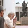 Prime Minister Narendra Modi paying homage at the statue of Sri Aurobindo, in Puducherry. Photo: PTI