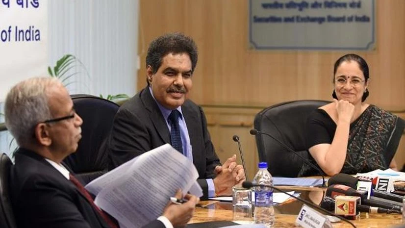 G Mahalingam, Ajay Tyagi, Madhabi Puri Buch G Mahalingam, Whole Time Member, SEBI, Ajay Tyagi, Chairman, SEBI and Madhabi Puri Buch, Whole Time Member, SEBI at the Press Conference in Mumbai. (Photo: Kamlesh Pednekar)
