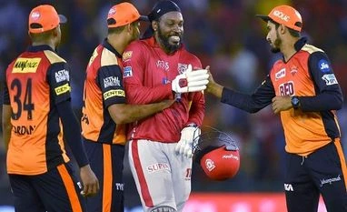 IPL 2018, SRH vs KXIP: Sunrisers defend 132, break Punjab's winning streak Kings XI Punjab batsman Chris Gayle being greeted by Sunrisers Hyderabad players after complete his century during IPL 2018 cricket match in Mohali on Thursday. Photo: PTI