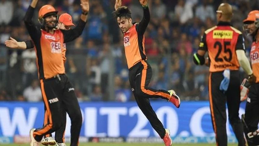 Sunrisers Hydrabad bowler Rashid Khan celebrates the wicket of Mumbai Indans batsman Pollard during the IPL 2018 match played in Mumbai on Tuesday. Photo: PTI Sunrisers Hydrabad bowler Rashid Khan celebrates the wicket of Mumbai Indans batsman Pollard during the IPL 2018 match played in Mumbai on Tuesday. Photo: PTI