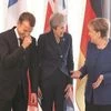 French President Emmanuel Macron (left) with British PM Theresa May (centre) and German Chancellor Angela Merkel before the EU-Western Balkans Summit in Sofia on Thursday