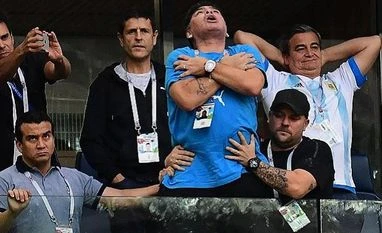 To love or not to love: In Messi age, Argentines face the Maradona dilemma Maradona after Messi's goal. Photo: Twitter