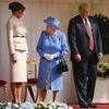 Queen Elizabeth II looks over towards first lady Melania Trump before inspecting the Guard of Honour with President Donald Trump at Windsor Castle | Photo: AP/PTI