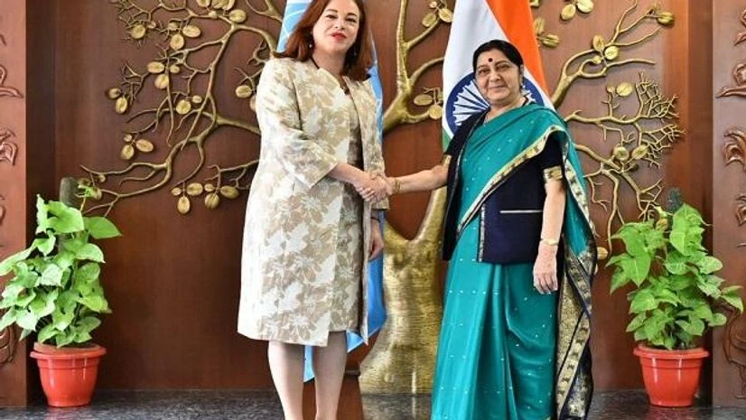 EAM Sushma Swaraj meets UNGA President-elect Maria Fernanda EAM Sushma Swaraj meets UNGA President-elect Maria Fernanda