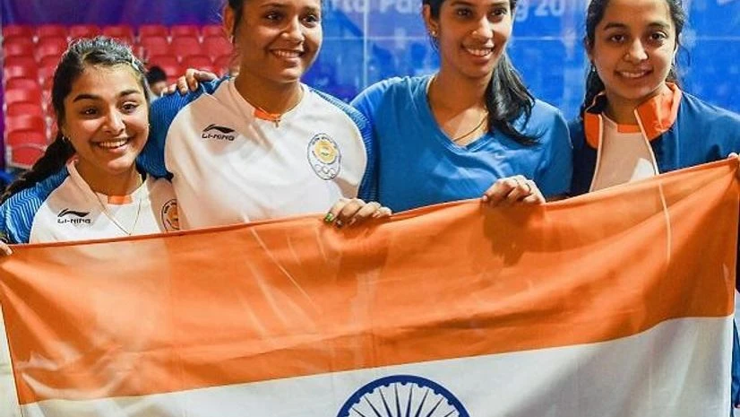 squash, asian games 2018, joshna chinappa, dipika pallikal, sunayna sara, tanvi khanna From left: Sunayna Sara, Dipika Pallikal, Joshna Chinappa and Tanvi Khanna. Photo: @Media_sai