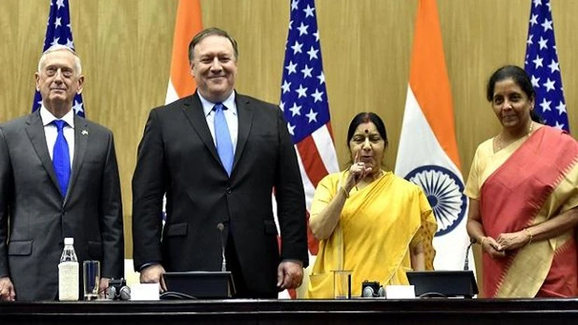 2+2 talks, Sushma Swaraj, Niramala Sitharaman, Michael Pompeo, COMCASA, James Mattis, Foreign Minister Sushma Swaraj, Defence Minister Nirmala Sitharaman, US Secretary of State Mike Pompeo and US Secretary of Defence James Mattis during Press Conference on India-US 2 + 2 Dialogue, in New Delhi. Photo: Dalip Kumar