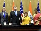 2 2 talks, Sushma Swaraj, Niramala Sitharaman, Michael Pompeo, COMCASA, James Mattis, Foreign Minister Sushma Swaraj, Defence Minister Nirmala Sitharaman, US Secretary of State Mike Pompeo and US Secretary of Defence James Mattis during Press Conference on India-US 2 2 Dialogue, in New Delhi. Photo: Dalip Kumar