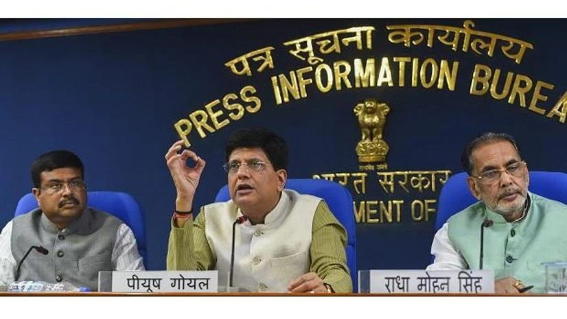Union Ministers (L-R) Dharmendra Pradhan, Piyush Goyal and Radha Mohan Singh during a cabinet briefing Union Ministers (L-R) Dharmendra Pradhan, Piyush Goyal and Radha Mohan Singh during a cabinet briefing