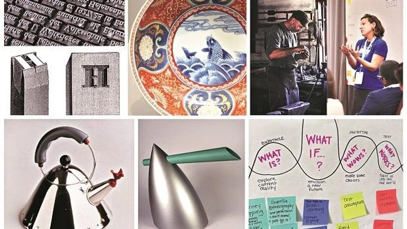 Top row, from left: Type-setting (top). The punch (left) is cut by an expert craftsman and struck to make the matrix (right); chinaware featuring glazed design painted onto the clay; craftsman (left) versus designer (right) Bottom row, from left: Al Top row, from left: Type-setting (top). The punch (left) is cut by an expert craftsman and struck to make the matrix (right); chinaware featuring glazed design painted onto the clay; craftsman (left) versus designer (right) Bottom row, from left: Al