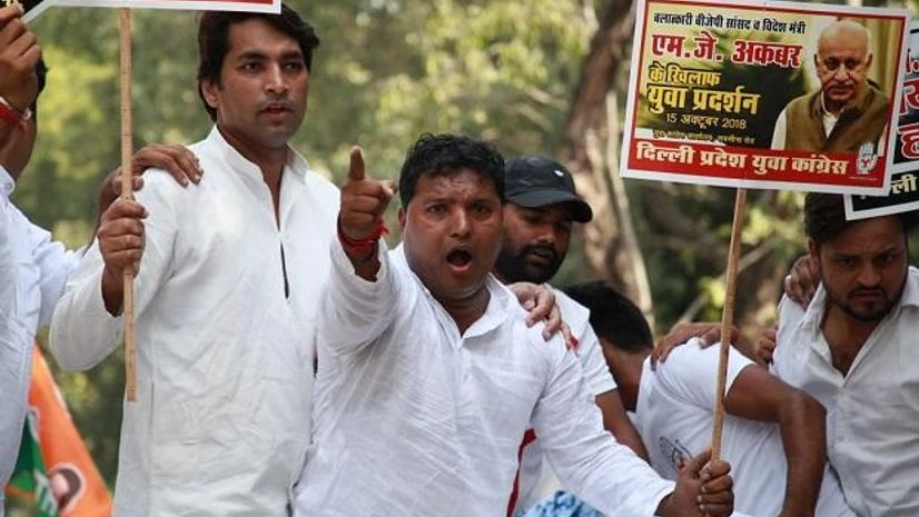 Youth Congress Youth Congress activists protesting outside Union Minister M J Akbar's residence on Monday, October 15, 2018. Photo: Twitter @IYC