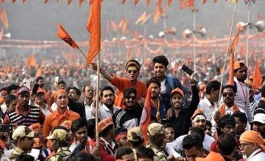 Bajrang Dal to protest nationwide against violence over Prophet row: VHP VHP Supporters at Ramlila Maidan during event ‘Dharma Sabha', in which thousands of people gathered to press for the construction of Ram Temple in Ayodhya in New Delhi on Sunday/PHOTO-DALIP KUMAR