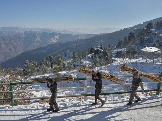 Children carry firewood through fresh snowfall at Kufri Children carry firewood through fresh snowfall at Kufri