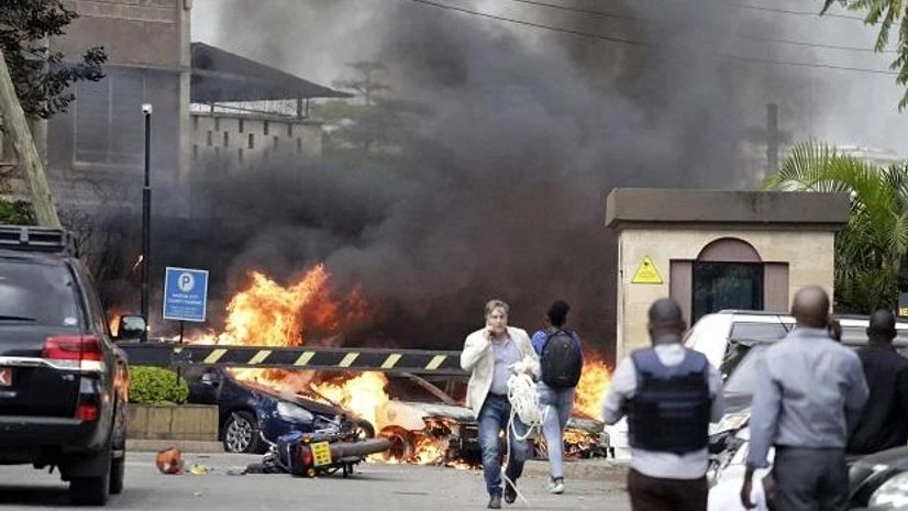 Nairobi attack Fire and smoke rise from the scene of an explosion in Nairobi, Kenya on Tuesday | Photo: PTI
