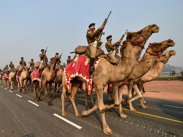 Camel mounted Border Security Force contingent march at Rajpath Camel mounted Border Security Force contingent march at Rajpath
