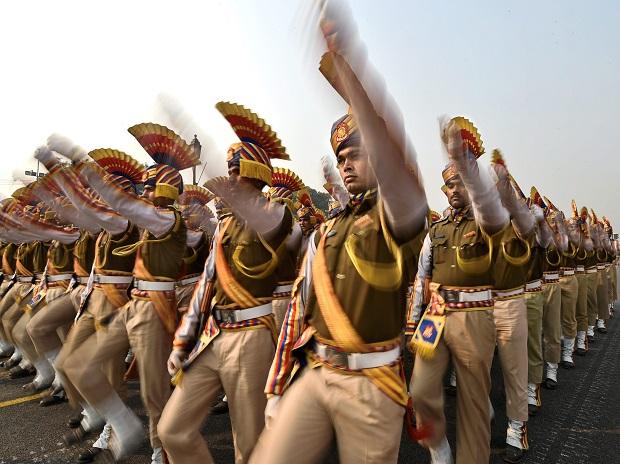Central Reserve Police Force personnel march for the upcoming parade Central Reserve Police Force personnel march for the upcoming parade