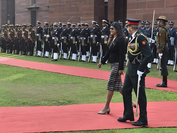 She was accorded guard of honour at South Block in New Delhi She was accorded guard of honour at South Block in New Delhi