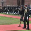 Maldives Defence Minister Mariya Ahmed Didi inspects a guard of honour at South Block in New Delhi