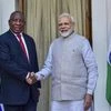 Prime Minister Narendra Modi greets South African President Cyril Ramaphosa prior to a meeting at Hyderabad House, in New Delhi