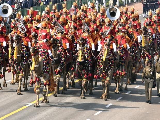 The BSF camel contingent and camel mounted band march The BSF camel contingent and camel mounted band march