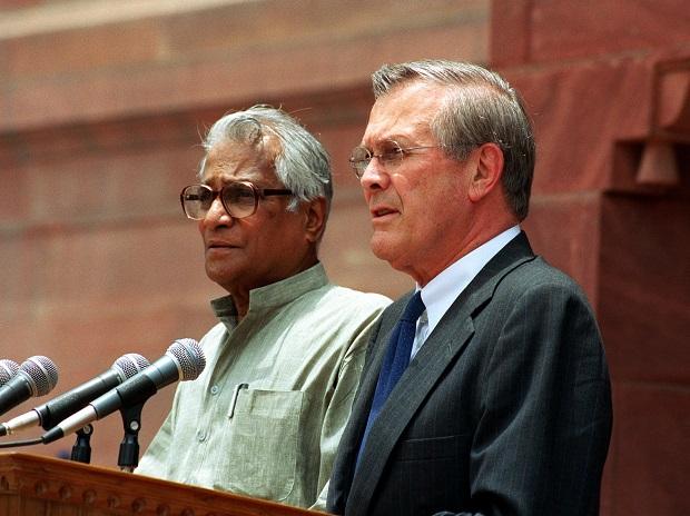 Fernandes with then US Secretary of Defense Donald Rumsfeld in 2002 Fernandes with then US Secretary of Defense Donald Rumsfeld in 2002