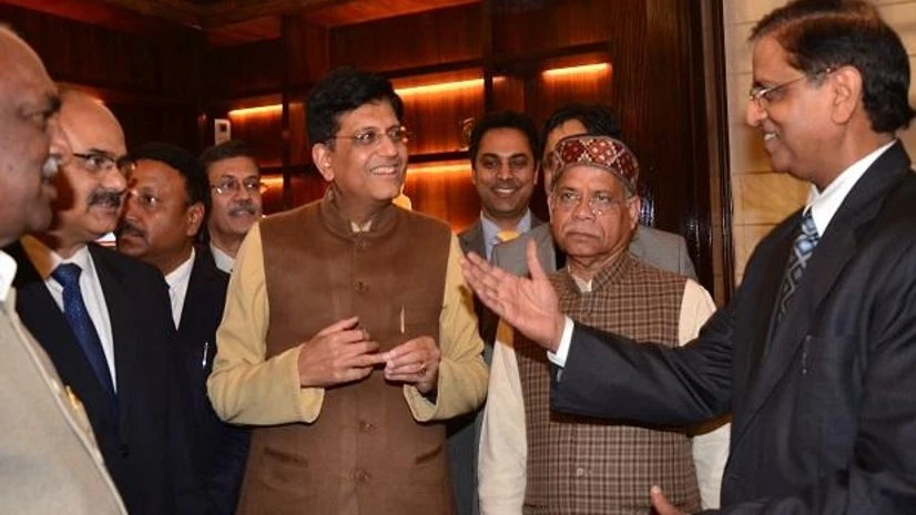 Finance minister Piyush Goyal with Shiv Pratap Shukla MoS and Pon Radhakrishnan MoS and his budget team giving final touches to the budget in north block in new delhi(Photo- Sanjay.K.Sharma) Finance minister Piyush Goyal with Shiv Pratap Shukla MoS and Pon Radhakrishnan MoS and his budget team giving final touches to the budget in north block in new delhi(Photo- Sanjay.K.Sharma)