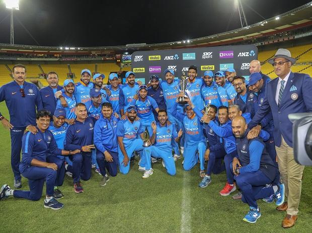 India's players celebrate with the series trophy India's players celebrate with the series trophy
