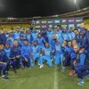 India's players celebrate with the series trophy after beating New Zealand their fifth one day international at Westpac Stadium in Wellington