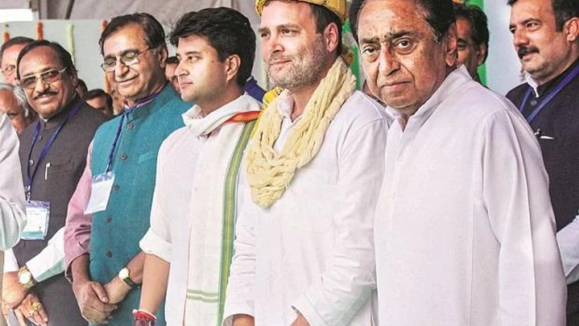 Madhya Pradesh Chief Minister Kamal Nath with Congress President Rahul Gandhi and party leader Jyotiraditya Scindia at a recent rally Madhya Pradesh Chief Minister Kamal Nath with Congress President Rahul Gandhi and party leader Jyotiraditya Scindia at a recent rally