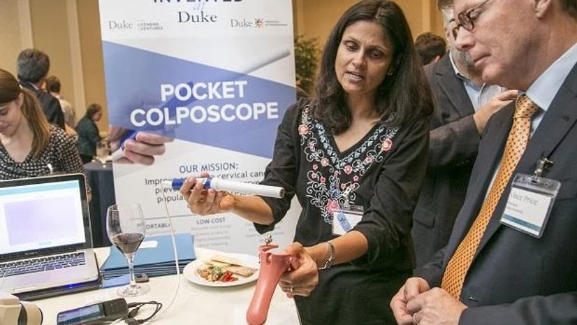 Dr Nimmi Ramanujan, professor of biomedical engineering at Duke University, demonstrating the use of the pocket colposcope Dr Nimmi Ramanujan, professor of biomedical engineering at Duke University, demonstrating the use of the pocket colposcope