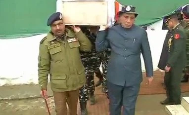 Pulwama terror attack: Rajnath Singh helps carry coffin of slain CRPF jawan Rajnath Singh