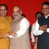 Uddhav Thackeray, Amit Shah  and Devendra Fadnavis  at a press conference in Mumbai