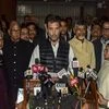 Congress President Rahul Gandhi reads a joint statement after the Opposition parties' meet at Parliament House complex, in New Delhi