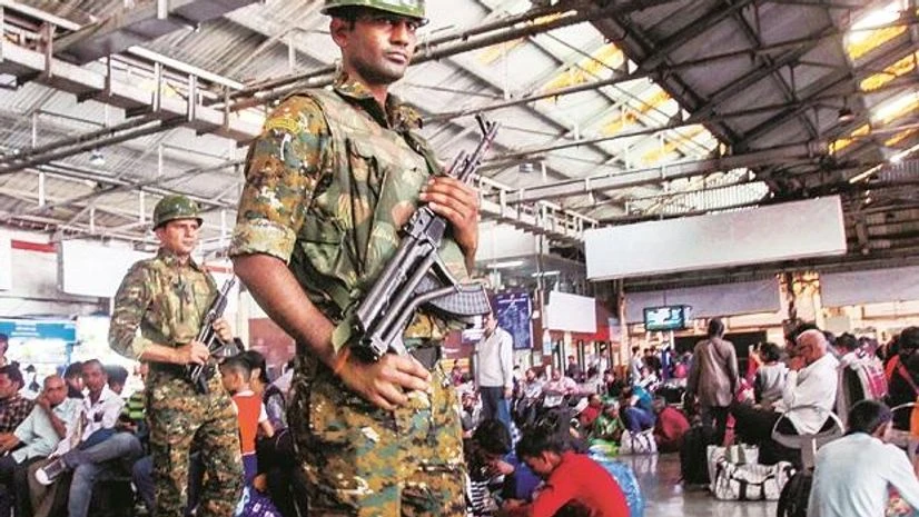 Security personnel at the Chhatrapati Shivaji Terminus railway station after a high alert amid the rising tension between India and Pakistan, in Mumbai on Wednesday | Photo: PTI Security personnel at the Chhatrapati Shivaji Terminus railway station after a high alert amid the rising tension between India and Pakistan, in Mumbai on Wednesday | Photo: PTI