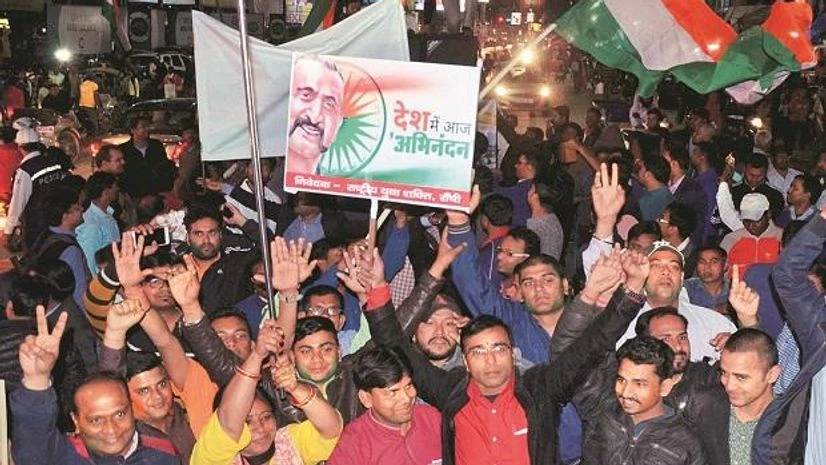 BJP workers jubilate the release of IAF pilot Wing Commander Abhinandan Varthaman by Pakistan on Friday photo: pti BJP workers jubilate the release of IAF pilot Wing Commander Abhinandan Varthaman by Pakistan on Friday photo: pti