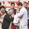 Congress chief Rahul Gandhi greets DPCC President Sheila Dikshit during ‘Mera Booth Adyaksh Sammelan’ meeting in New Delhi on Monday  	PTI