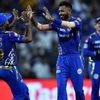 Mumbai Indians (MI) player Hardik Pandya celebrates after claiming the wicket of MS Dhoni during the Indian Premier League 2019 (IPL T20) cricket match between Mumbai Indians (MI) and Chennai Super Kings (CSK) at Wankhede Stadium in Mumbai, Wednesday