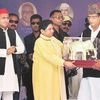 BSP chief Mayawati and SP President Akhilesh Yadav (left) jointly campaign for SP candidate Azam Khan in Rampur recently.  Together the SP, the BSP and the Congress have nominated 18 Muslim candidates as against 41 in 2014 Photo: PTI