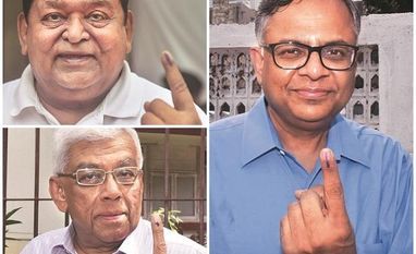 HDFC Chairman Deepak Parekh, Tata Sons Chairman N Chandrasekaran, and L&T Chairman A M Naik after casting their vote in Mumbai. Photos: Kamlesh Pednekar & PTI HDFC Chairman Deepak Parekh, Tata Sons Chairman N Chandrasekaran, and L&T Chairman A M Naik after casting their vote in Mumbai. Photos: Kamlesh Pednekar & PTI