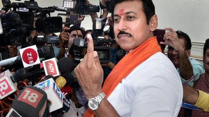 Union minister and BJP candidiate Rajyavardhan Singh Rathore shows his inked finger after casting his vote Union minister and BJP candidiate Rajyavardhan Singh Rathore shows his inked finger after casting his vote