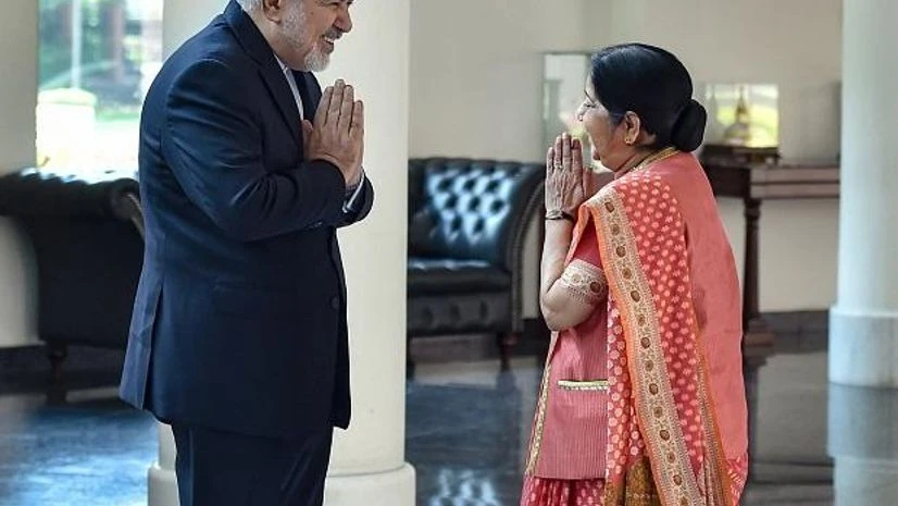 External Affairs Minister Sushma Swaraj greets Iranian Foreign Minister Mohammad Javad Zarif in New Delhi on Tuesday Photo: PTI External Affairs Minister Sushma Swaraj greets Iranian Foreign Minister Mohammad Javad Zarif in New Delhi on Tuesday Photo: PTI