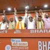 BJP leaders Kailash Vijaivargiya and Mukul Roy join hands with two Trinamool Congress and one CPM legislator, who joined Bharatiya Janata Party along with 60 councillors from three civic bodies in West Bengal, in New Delhi | Photo: PTI
