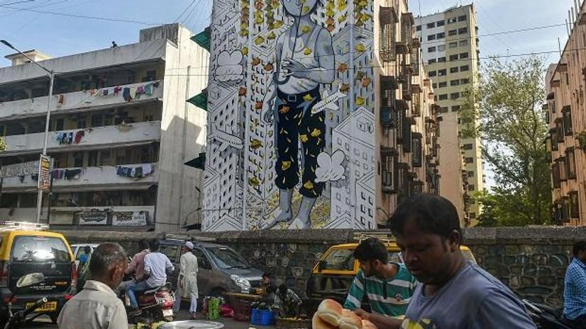 Murals seen on a residential building at Dharavi in Mumbai Murals seen on a residential building at Dharavi in Mumbai